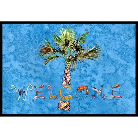 Carolines Treasures Welcome Palm Tree On Blue Indoor & Outdoor Mat, 18 x 27 in. CA77836